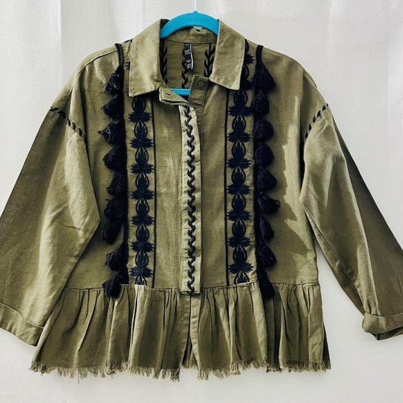 Zara trf Collection Olive Green Embroidered PomPom Jacket Women's XS EUC - Picture 1 of 6